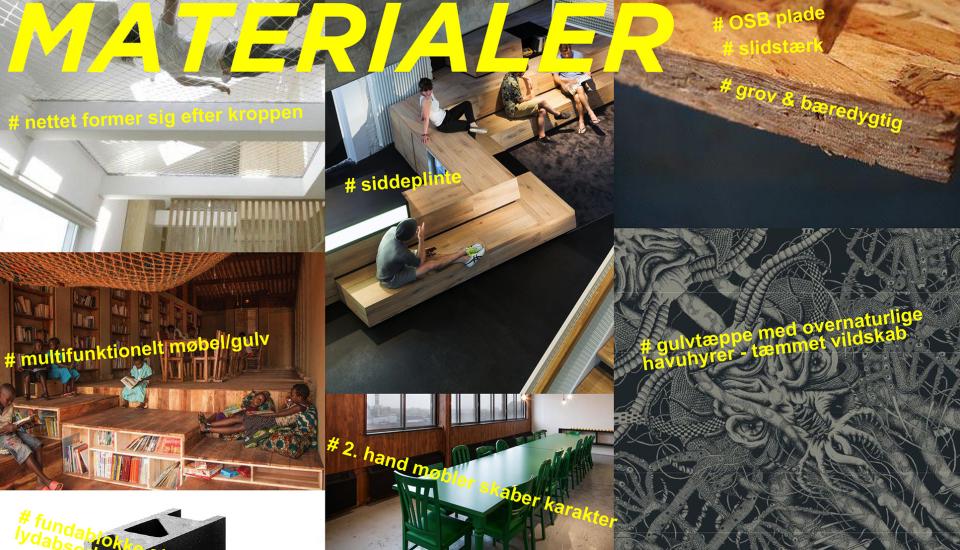 Materialereferencer - en blanding af rå og bløde materialer, nye og brugte møbler giver rummet spænding og karakter